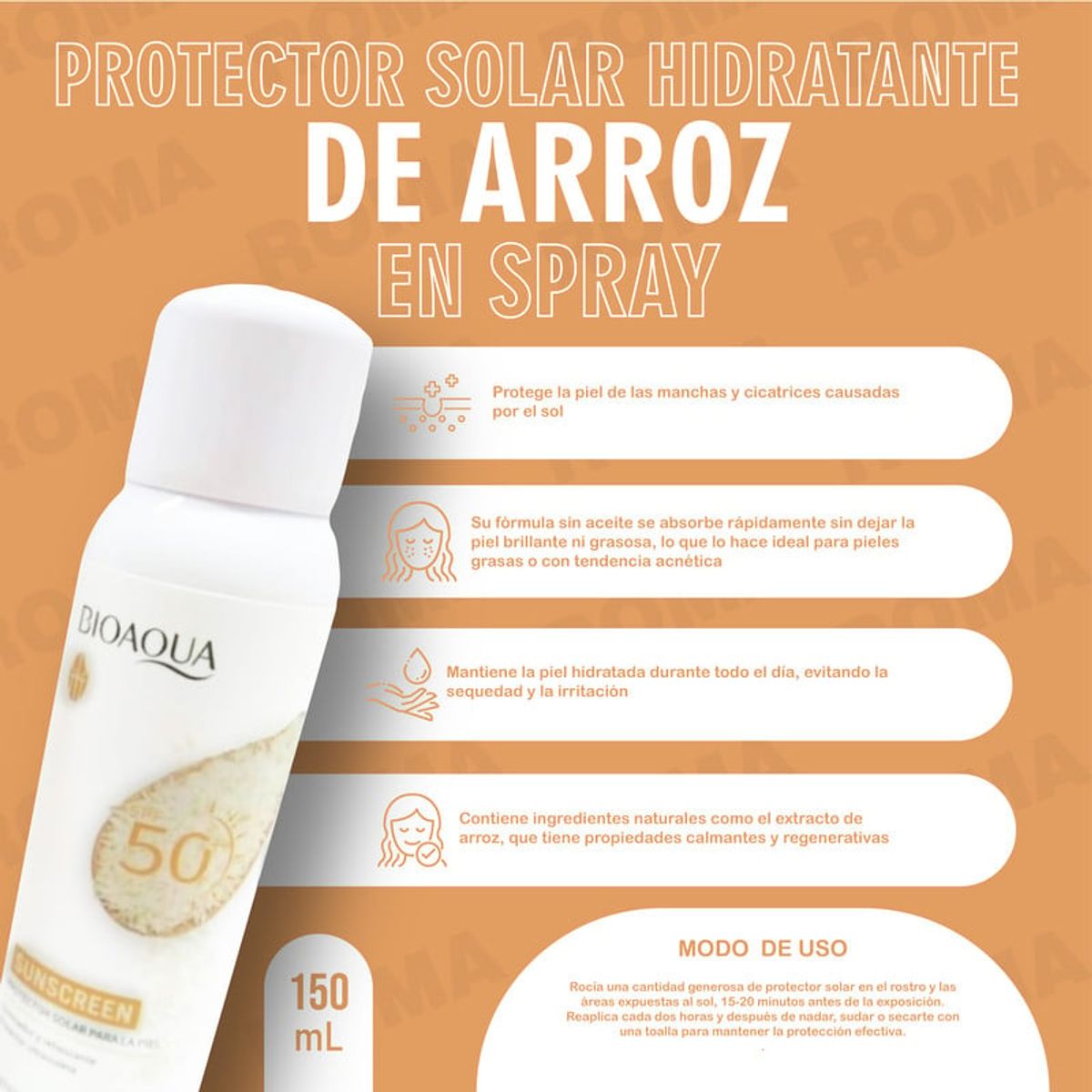 BIOAQUA - PROTECTOR SOLAR HIDRATANTE DE ARROZ EN SPRAY SPF50 BIOAQUA 150ML