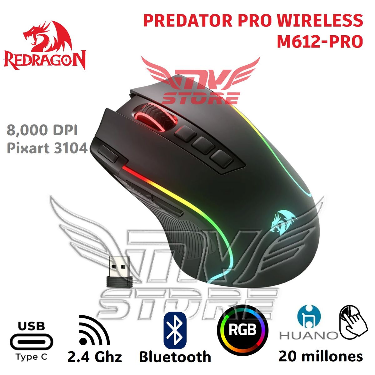 REDRAGON - Mouse Gamer Inalambrico RGB Redragon Predator Pro Negro M612