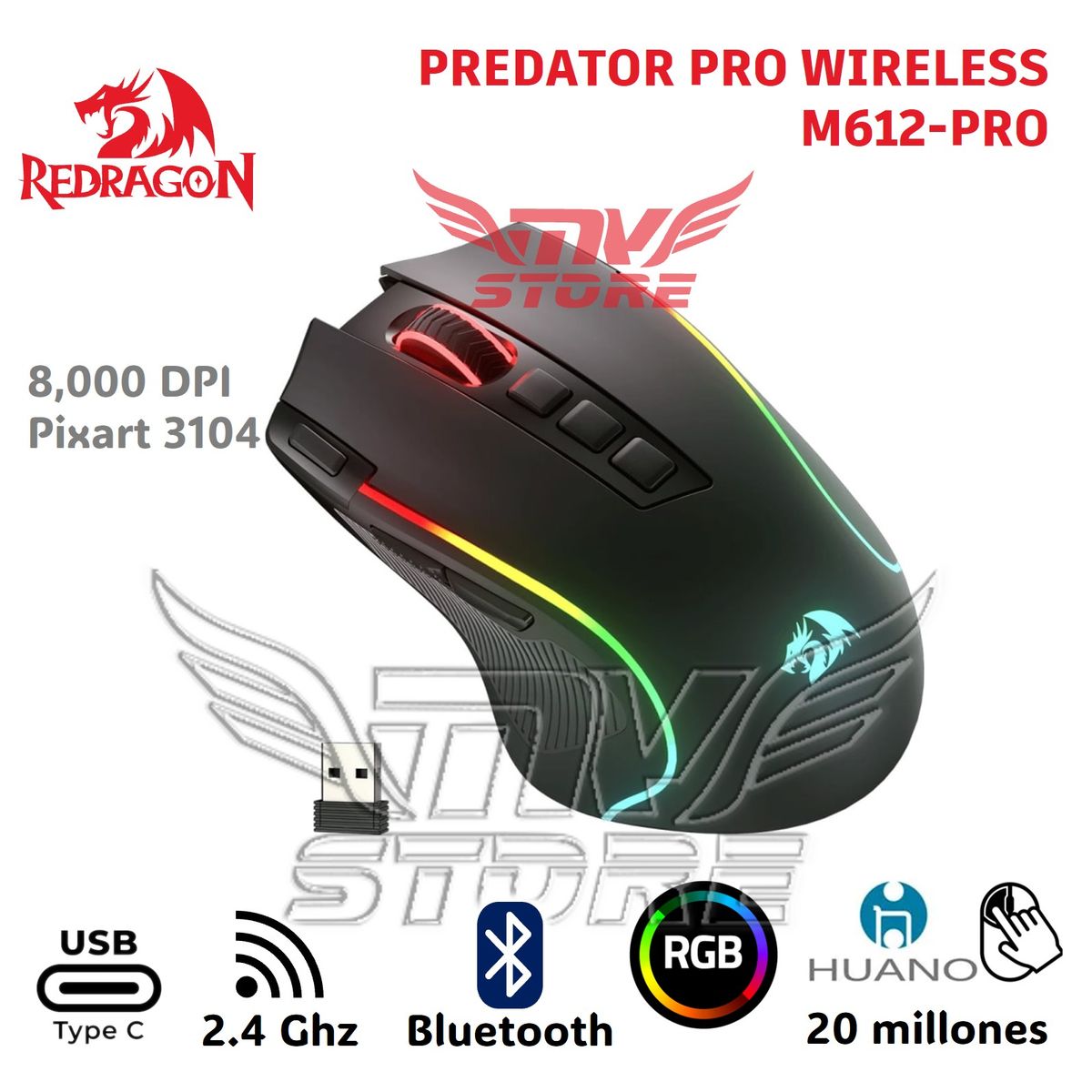 REDRAGON - Mouse Gamer Inalambrico RGB Redragon Predator Pro Negro M612