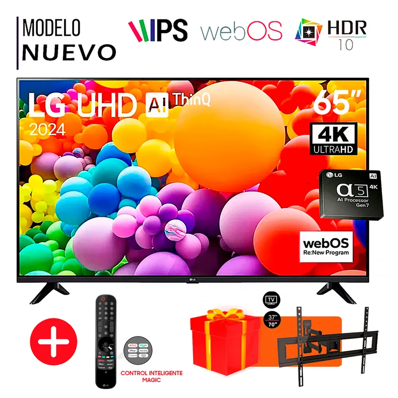 LG - Televisor LG 65 pulg. Smart Tv 4K UHD Thinq Ai 65UT7300PSA + Control Inteligente MAGIC + Rack Movil