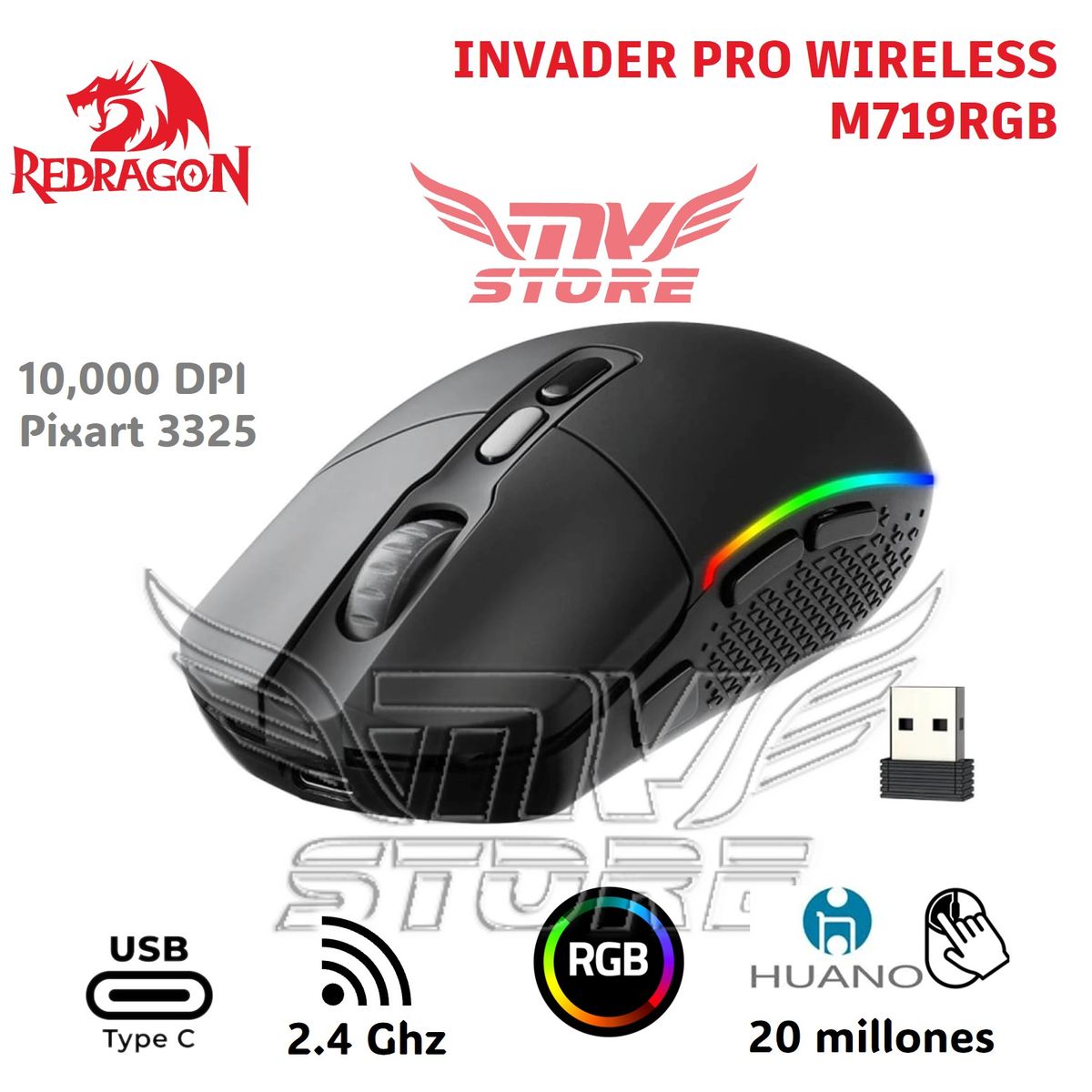 REDRAGON - Mouse Gamer Inalambrico RGB Redragon Invader Pro Negro M719