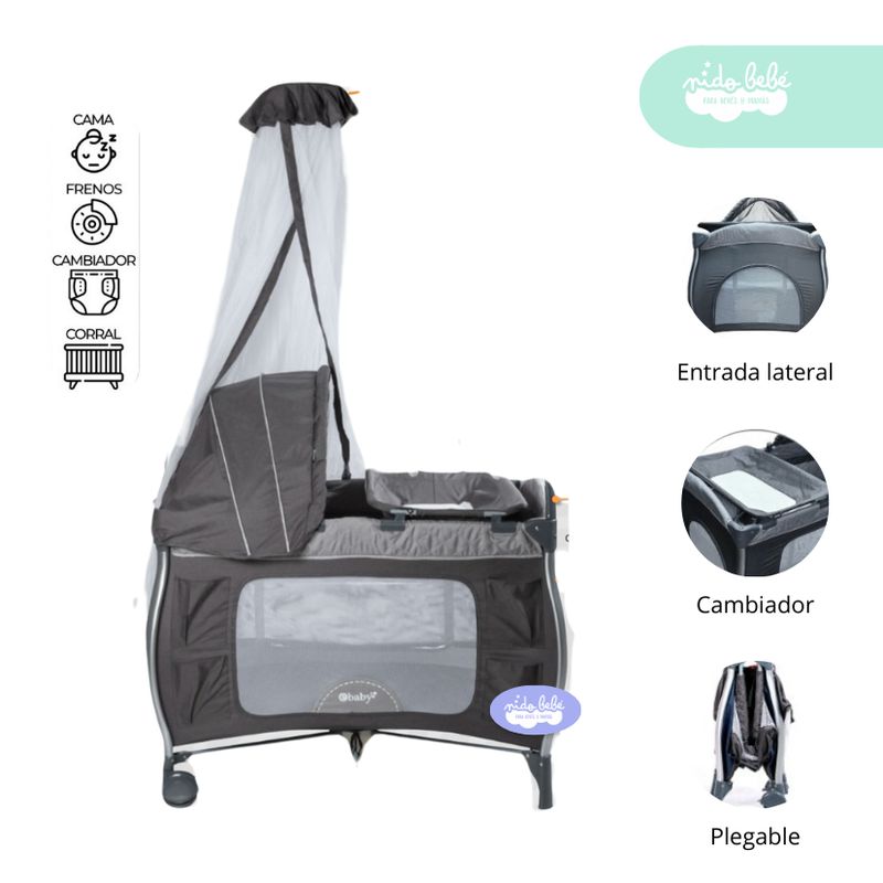 GENERICO - Cuna Corral con tull Premium color Plomo