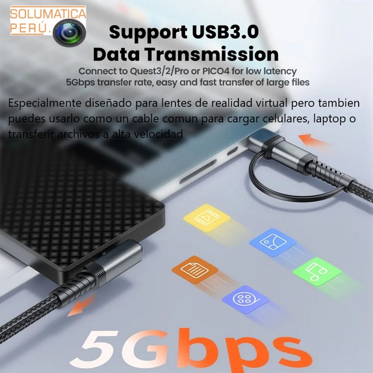 OEM - Cable Usb Tipo C 2en1 Largo - 5 Metros Para Realidad Virtual - Toocky