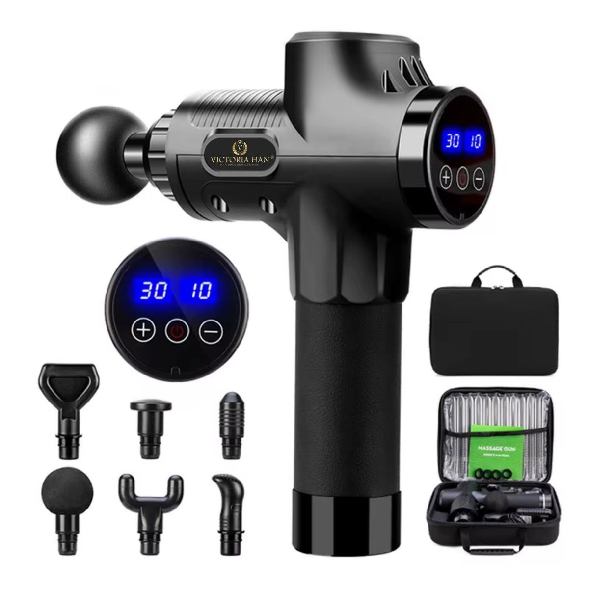 VICTORIA - Pistola de Masaje Muscular Profesional con 6 Cabezales, 30 Velocidades