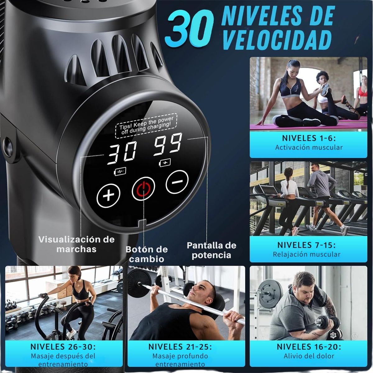 VICTORIA - Pistola de Masaje Muscular Profesional con 6 Cabezales, 30 Velocidades