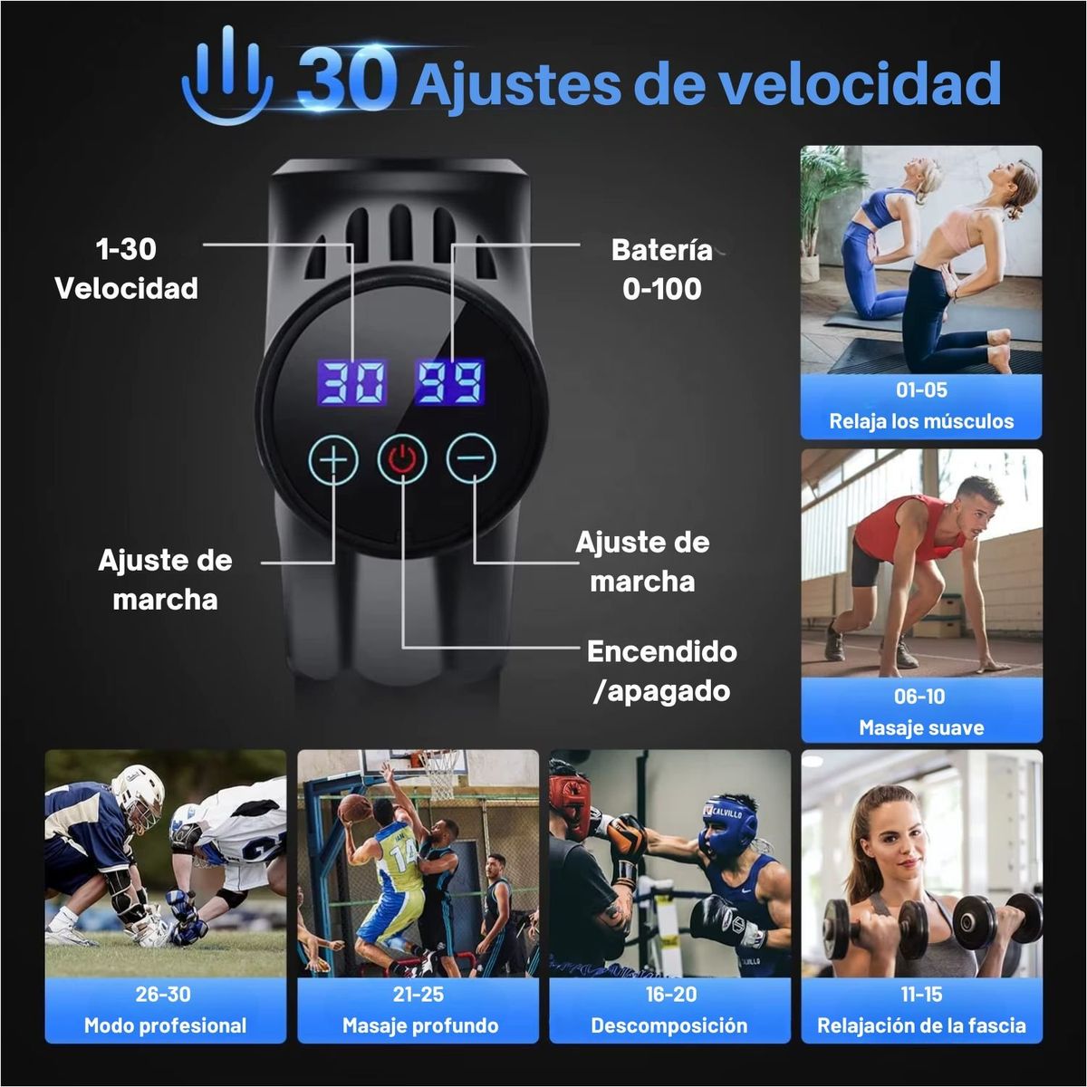 VICTORIA - Pistola masajes Profesional 30 Velocidades digital 6 Cabezales