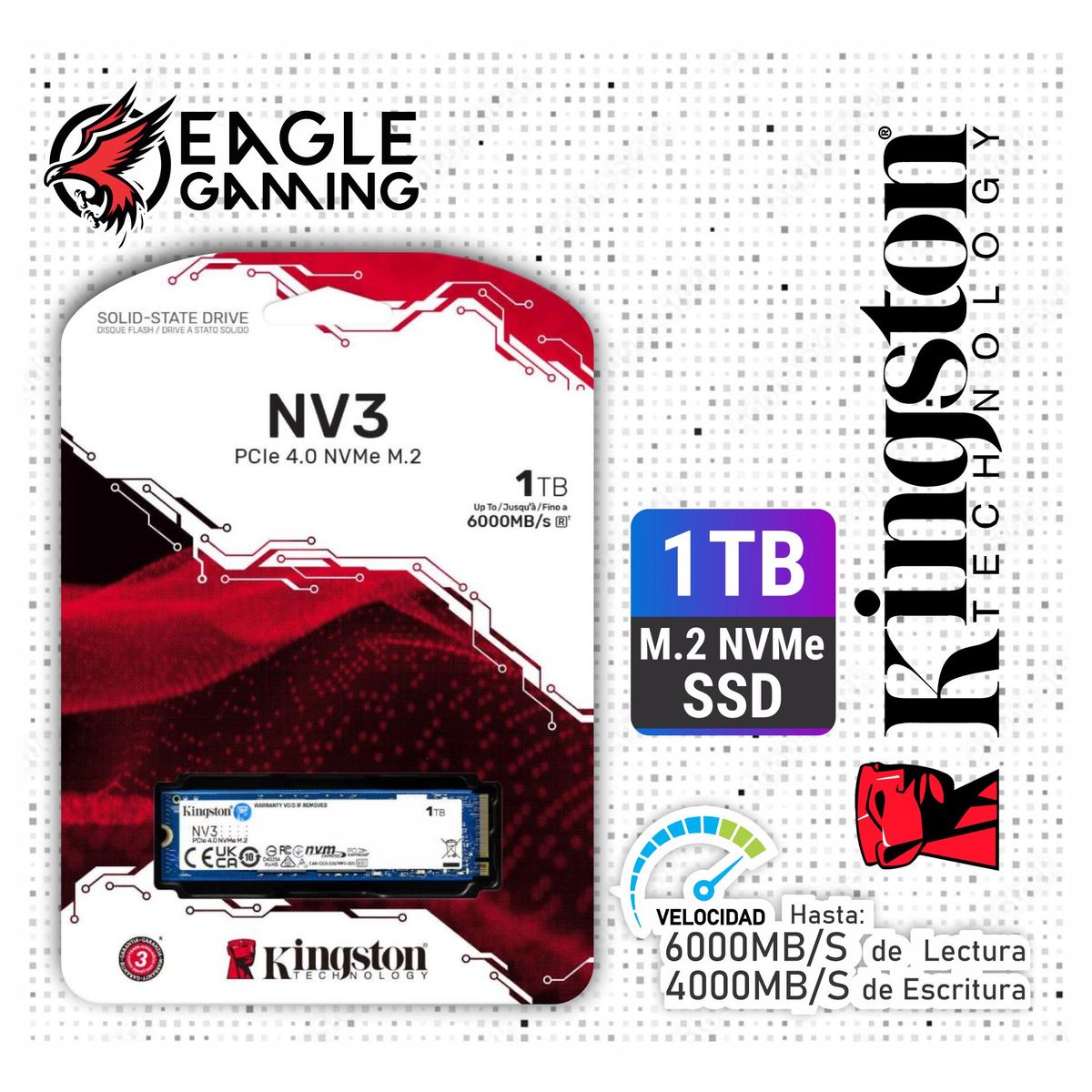 KINGSTON - Disco SSD 1TB Kingston NV3 NVMe PCIe 4.0 de 6000Mb/s