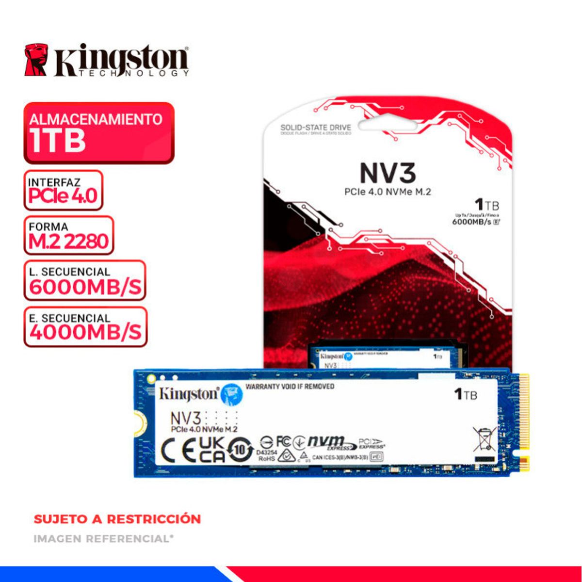 KINGSTON - Disco SSD 1TB Kingston NV3 NVMe PCIe 4.0 de 6000Mb/s