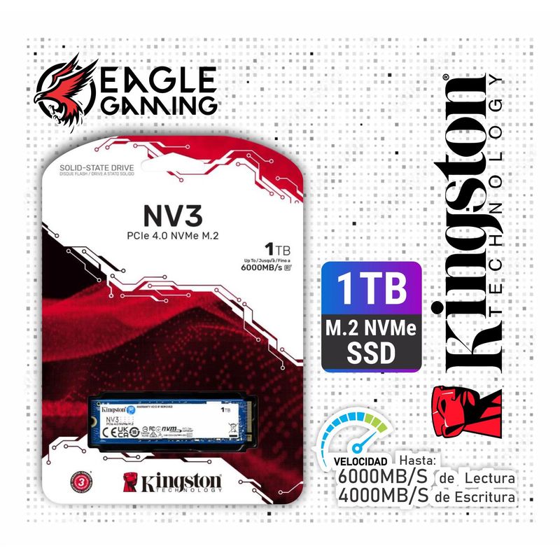 KINGSTON - Disco SSD 1TB Kingston NV3 NVMe PCIe 4.0 de 6000Mb/s