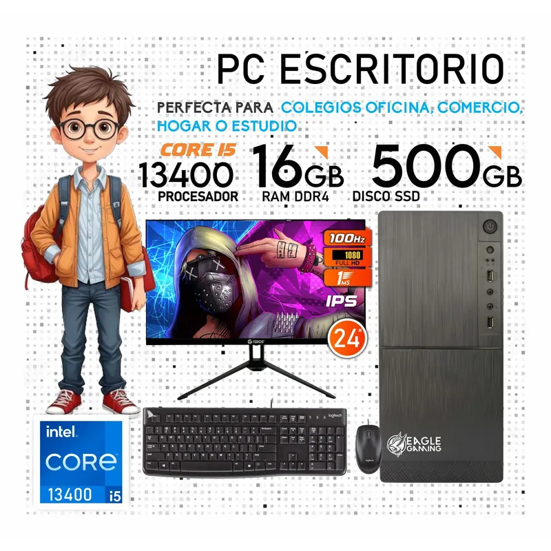 INTEL - Computadora PC Intel Core i5 13400 13VA GEN RAM 16GB SSD 500GB Monitor 24 FHD