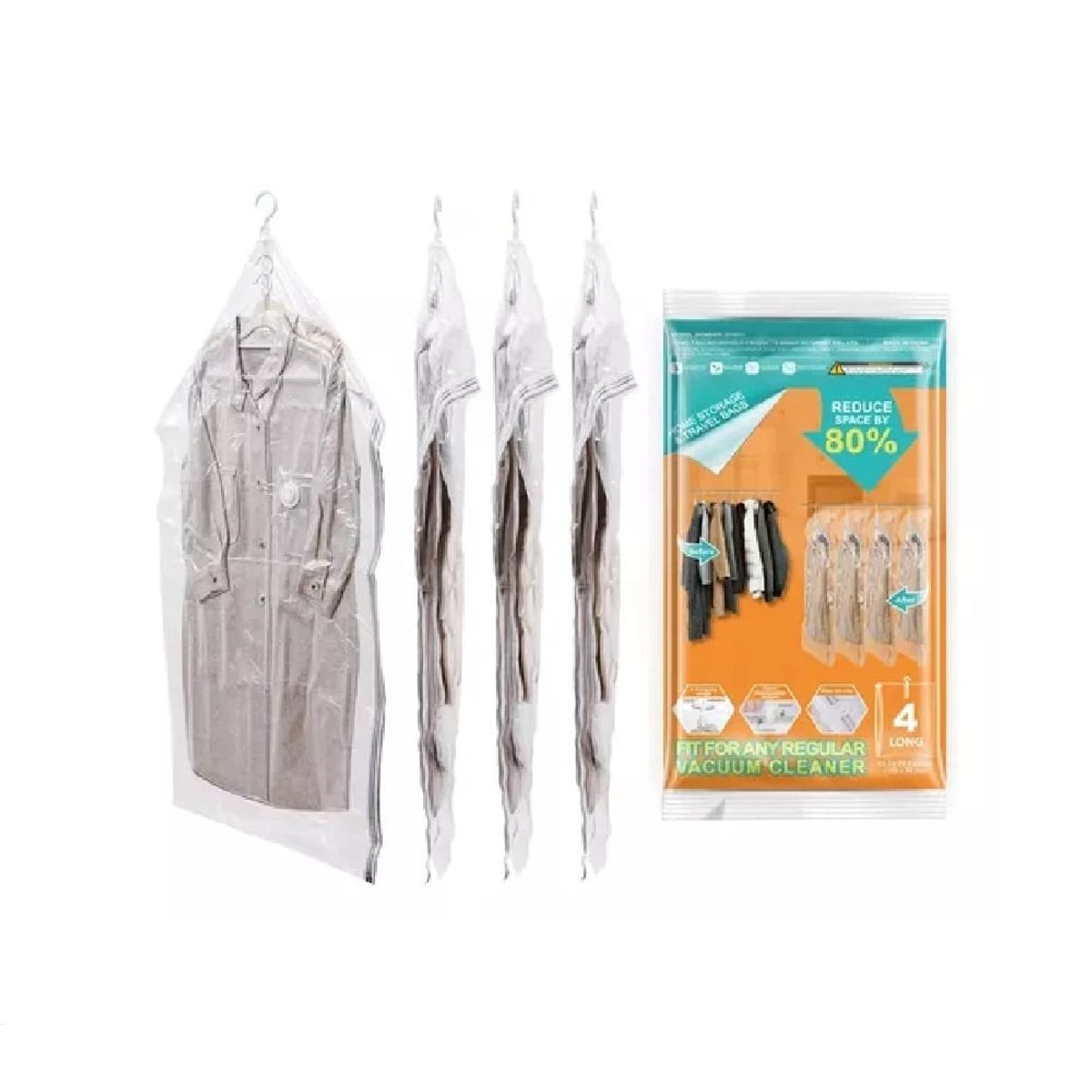 GENERICO - Bolsa al Vacio con Ganchos Pack x4unid para Abrigos Sacos Casacas + Succionador Manual