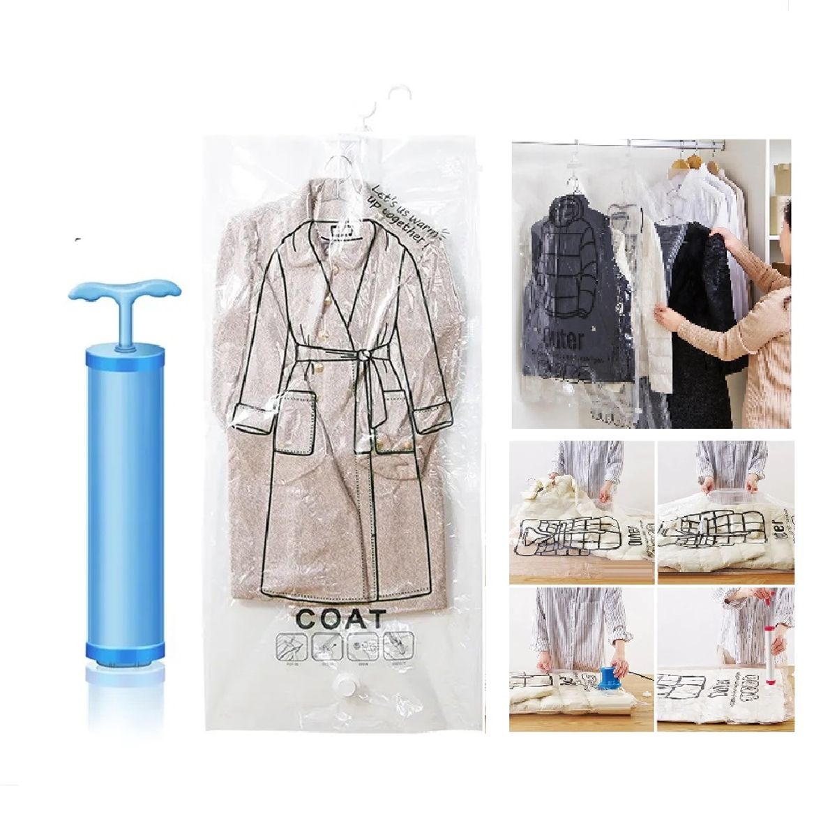 GENERICO - Bolsa al Vacio con Ganchos para Colgar Abrigos Sacos Casacas Pack x3unid + Succionador Manual