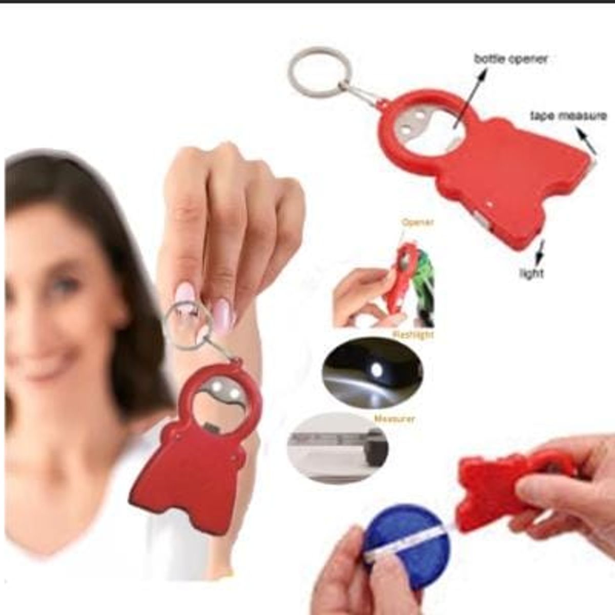 GENERICO - Llavero Smile Abrebotellas Linterna Y Cinta Métrica