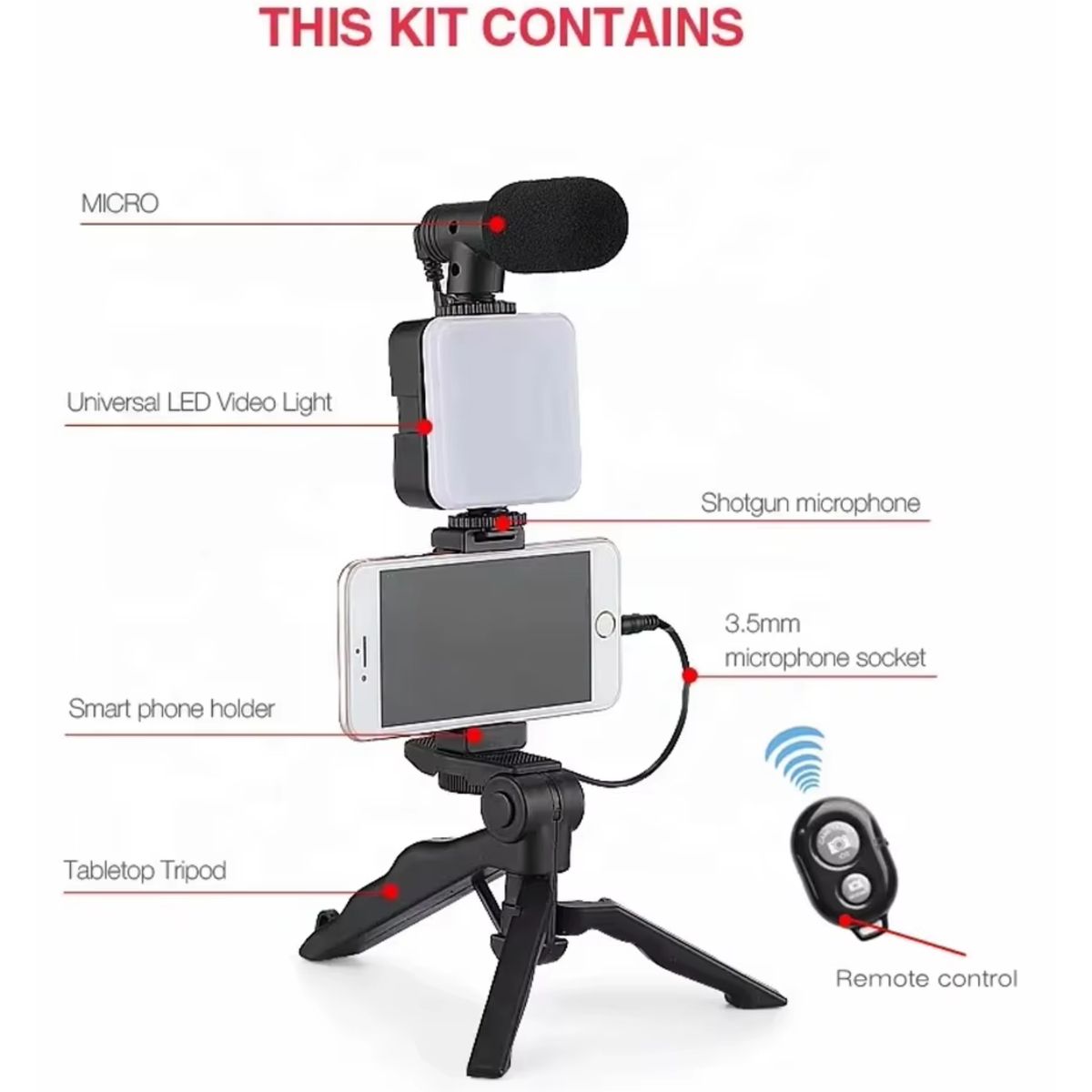 GENERICO - Kit de Grabación 5 en 1 con Trípode, Luz LED y Micrófono