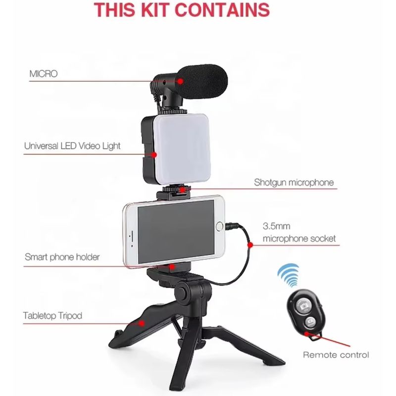 GENERICO - Kit de Grabación 5 en 1 con Trípode, Luz LED y Micrófono