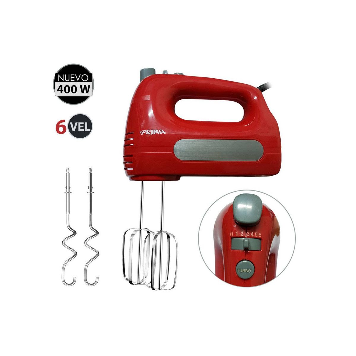 PRIMA - Batidora de Mano 400 Watts 6 Velocidades HM9105E-GSR Rojo