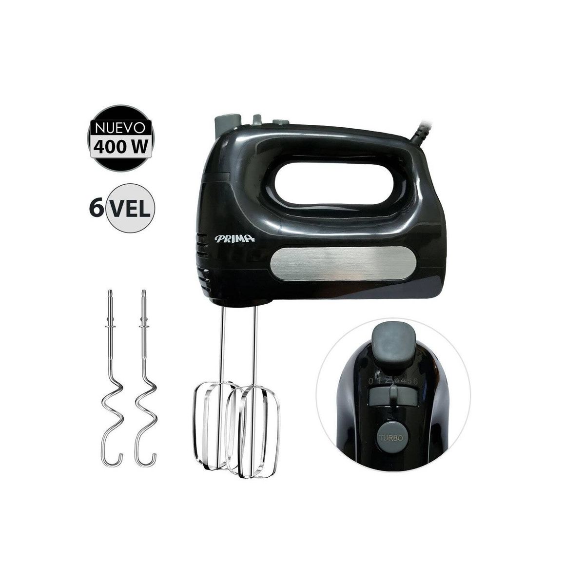PRIMA - Batidora de Mano 400 Watts 6 Velocidades HM9105E-GSB Negro