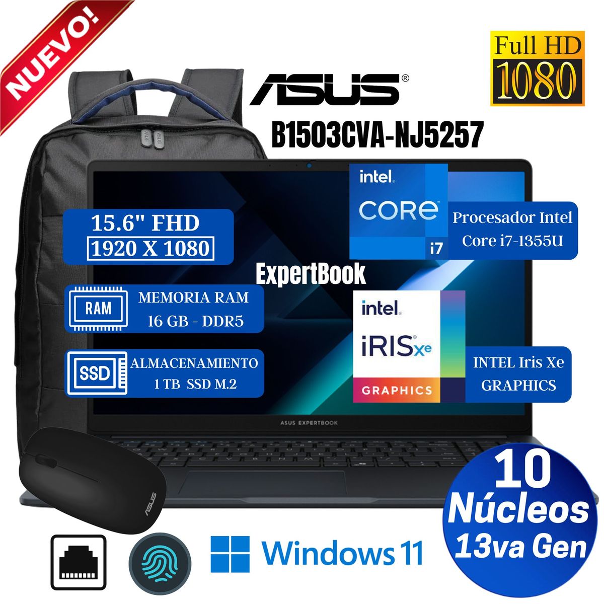 ASUS - Laptop Asus ExpertBook  B1503CVA-NJ5257, 15.6” FHD, Intel Core i7-1355U, Ram 16GB, Ssd 1 TB, Win 11