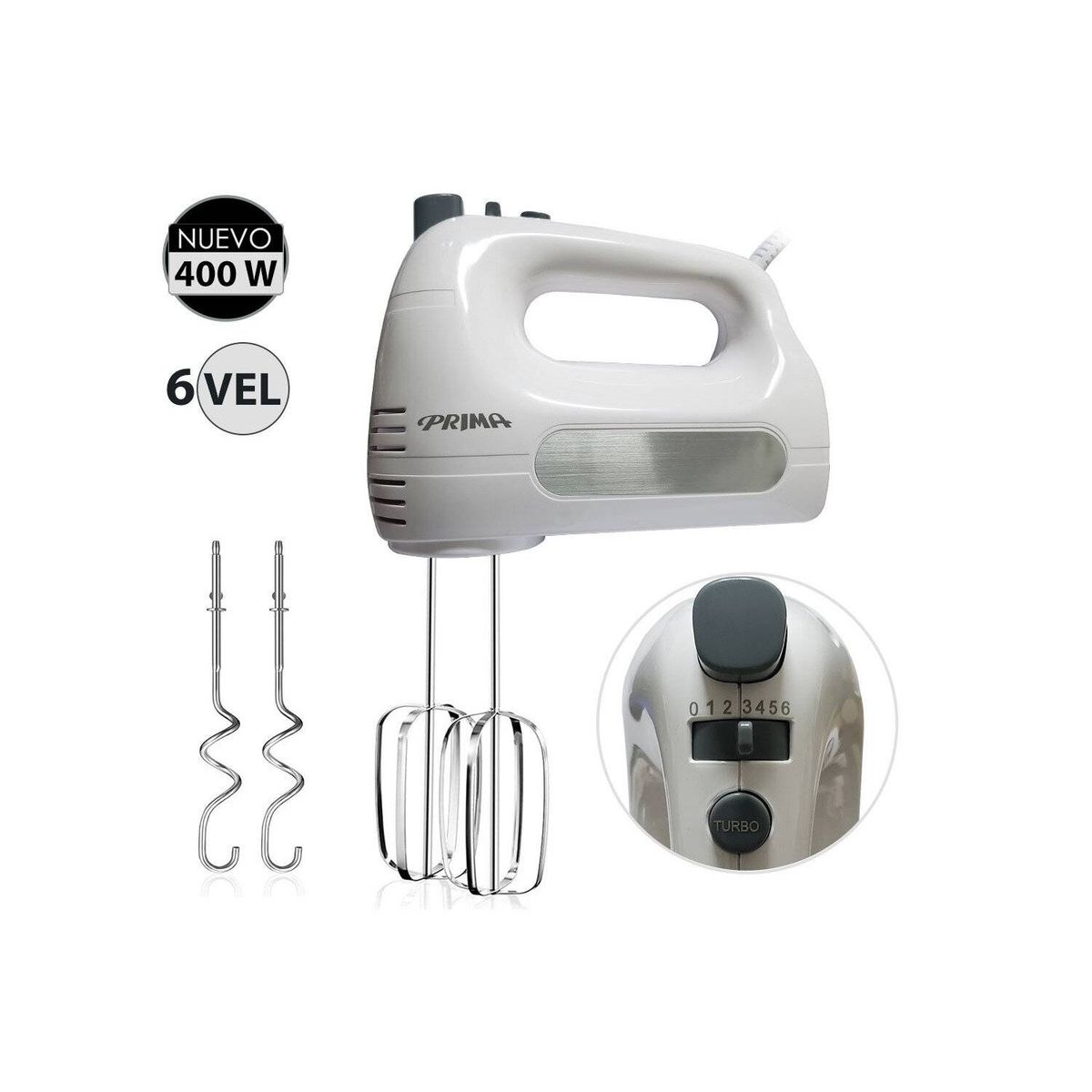 PRIMA - Batidora de Mano 400 Watts 6 Velocidades HM9105E-GSB Blanco