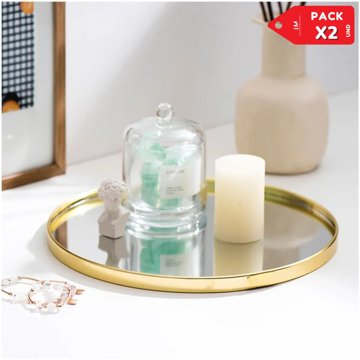 INSPIRA MARKET - Espejo decorativo multifuncional bandeja espejo Pack x2 Dorado