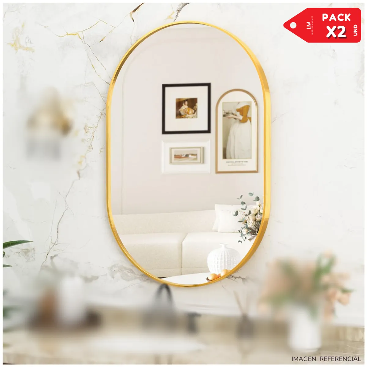INSPIRA MARKET - Espejo decorativo Bandeja Organización Oval Pack x2 Dorado