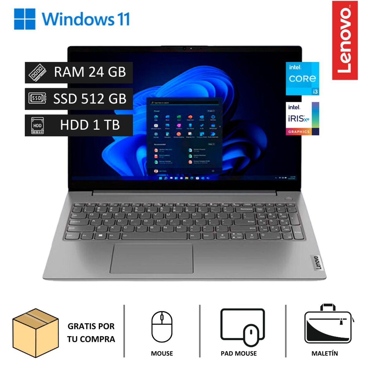 LENOVO - Laptop Lenovo V15 G3 IAP 156” FHD Intel Core i3-1215U 512GB SSD + 1TB HDD 24GB RAM