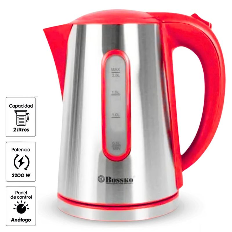 BOSSKO - Hervidor Eléctrico 2 Litros Acero Red BK-208B