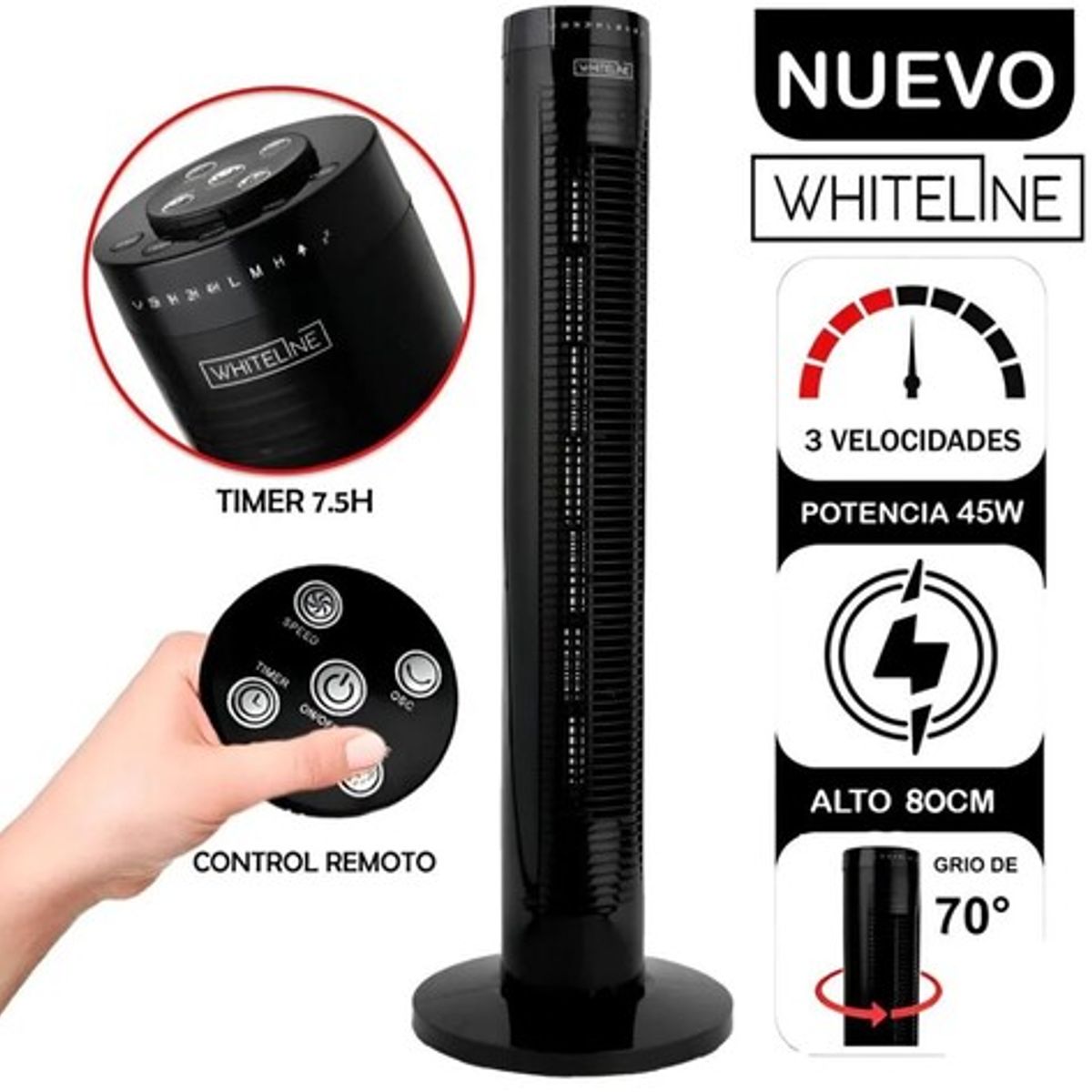WHITELINE - VENTILADOR DE TORRE WHITELINE SILENCIOSO 3 VELOCIDADES 45 WATTS