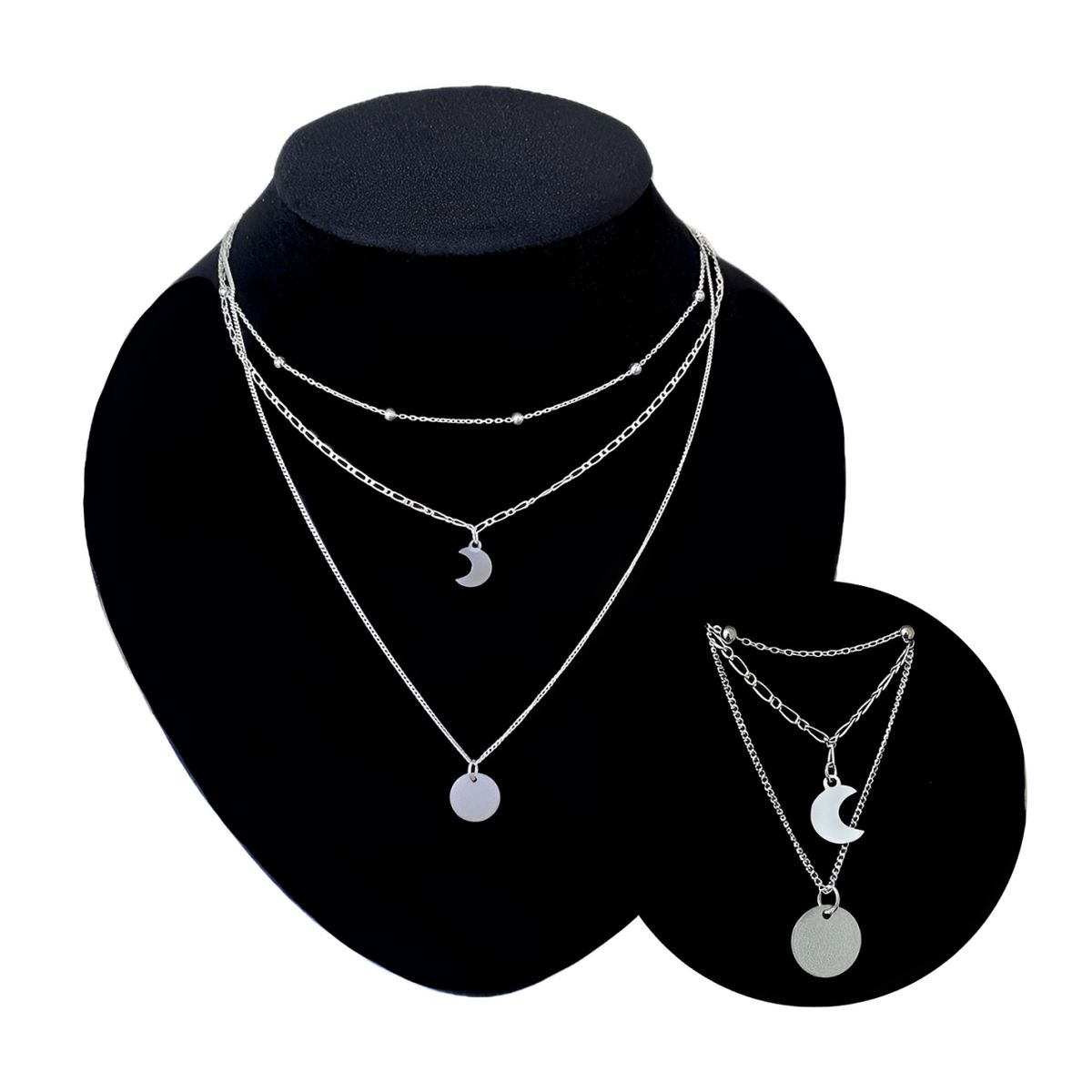 GENERICO - Collar Triple Bombita Luna Joya Regalo Novia Plata 925