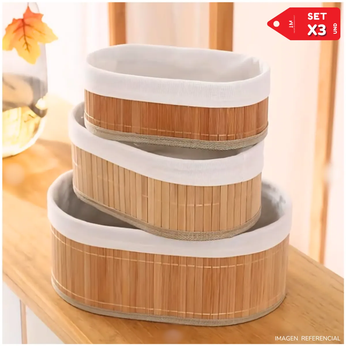 INSPIRA MARKET - Canasta Cesto Organizador de bambú caja organizadora OVAL Set x3