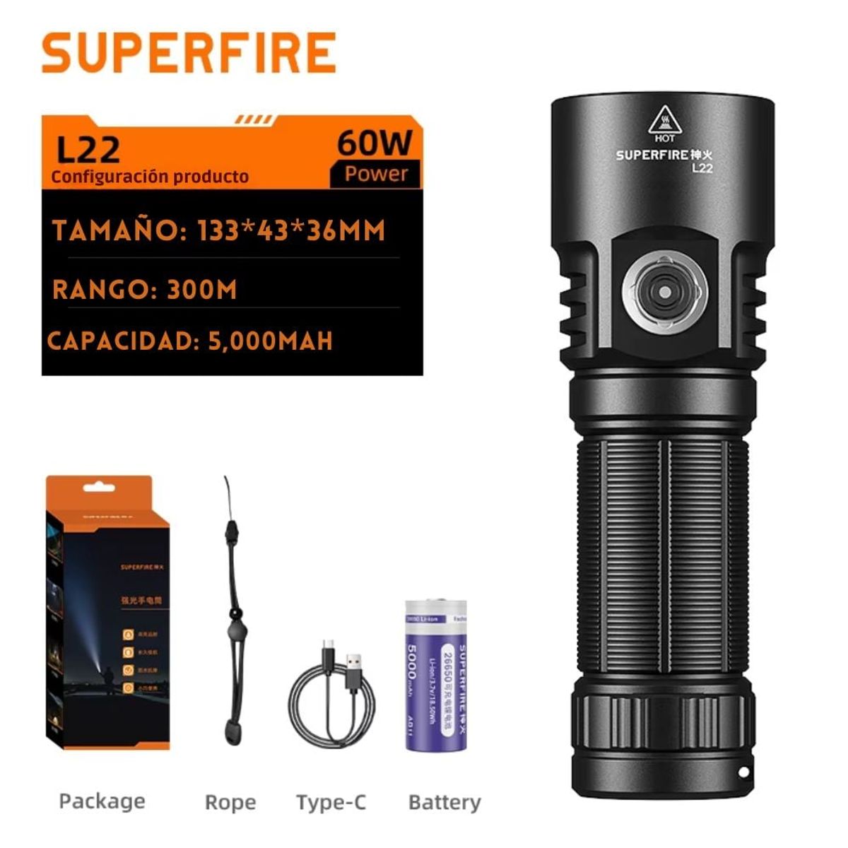 OEM - Linterna Táctica SUPERFIRE L22 LED 5000LM Resistente al Agua IP44