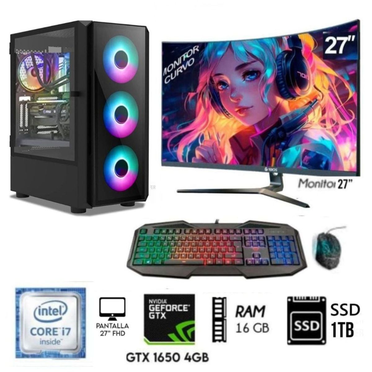 INTEL - Computadora PC GAMER CORE I7-8TH, Ram16GB DISCO SSD 1TB  VIDEO GTX 1650 4GB M27"