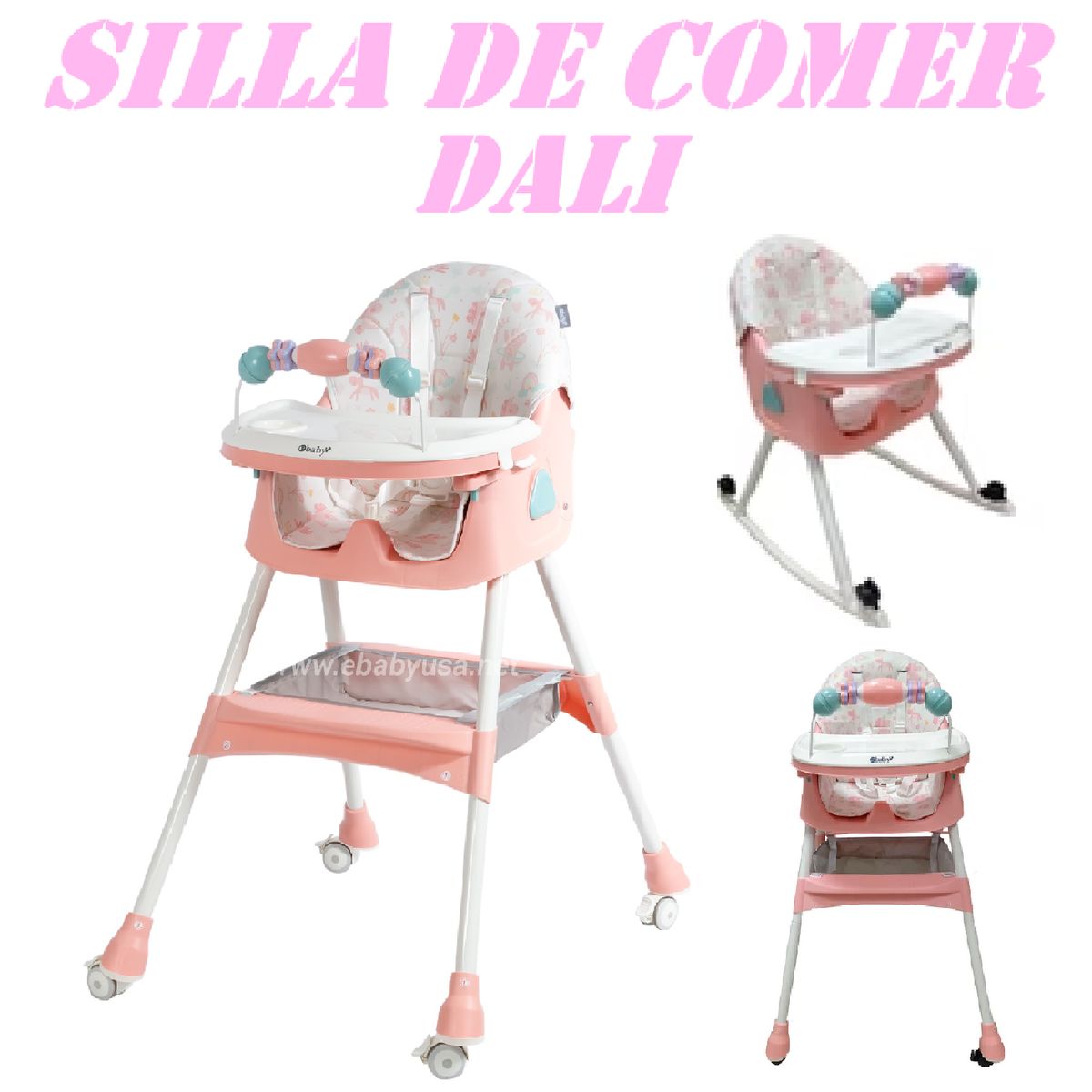 EBABY - Nueva Silla de Comer Mecedora Plegable Dali con Ruedas -Rosa