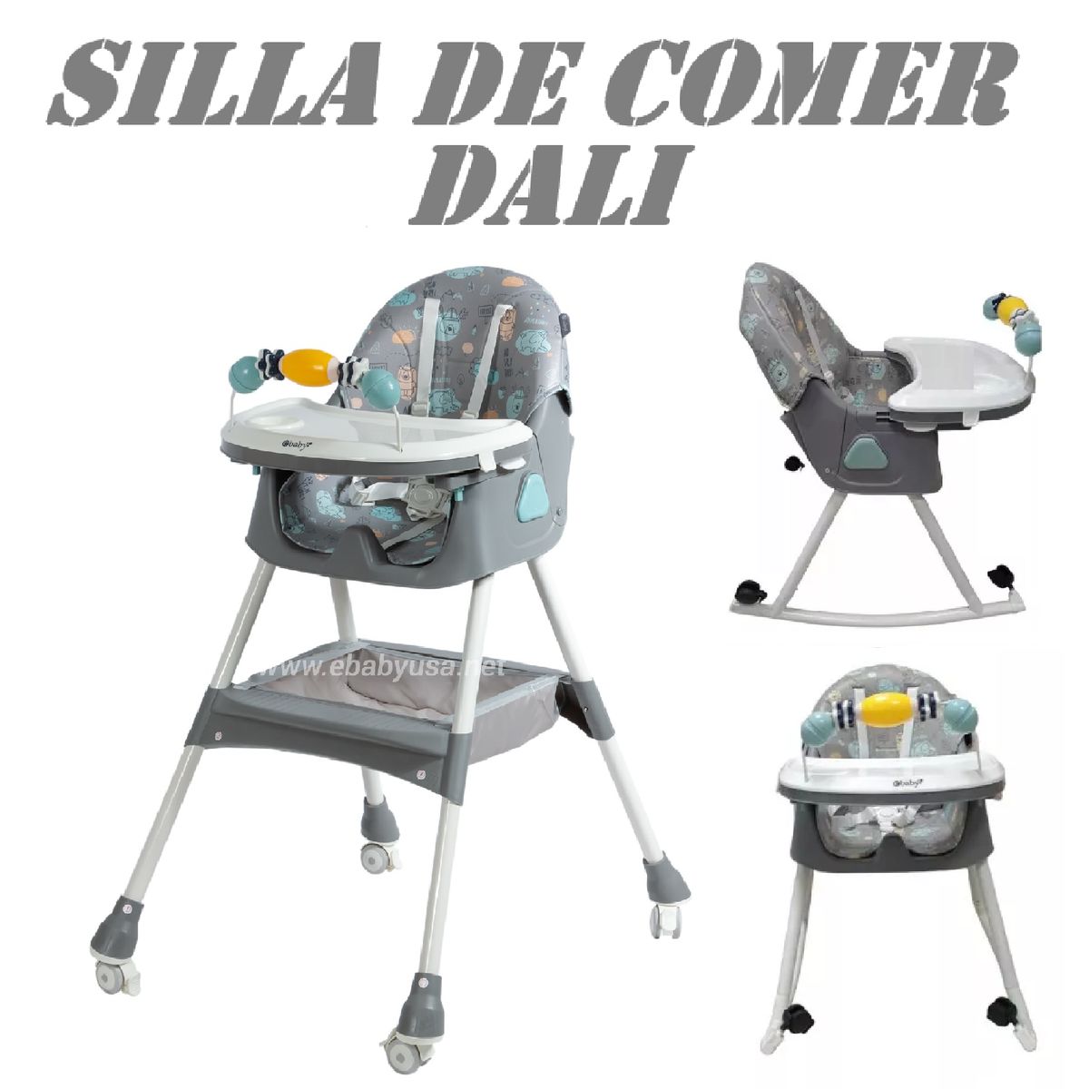EBABY - Nueva Silla de Comer Mecedora Plegable Dali con Ruedas -Gris