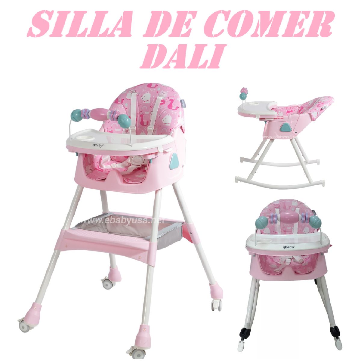EBABY - Nueva Silla de Comer Mecedora Plegable Dali con Ruedas -Rosa