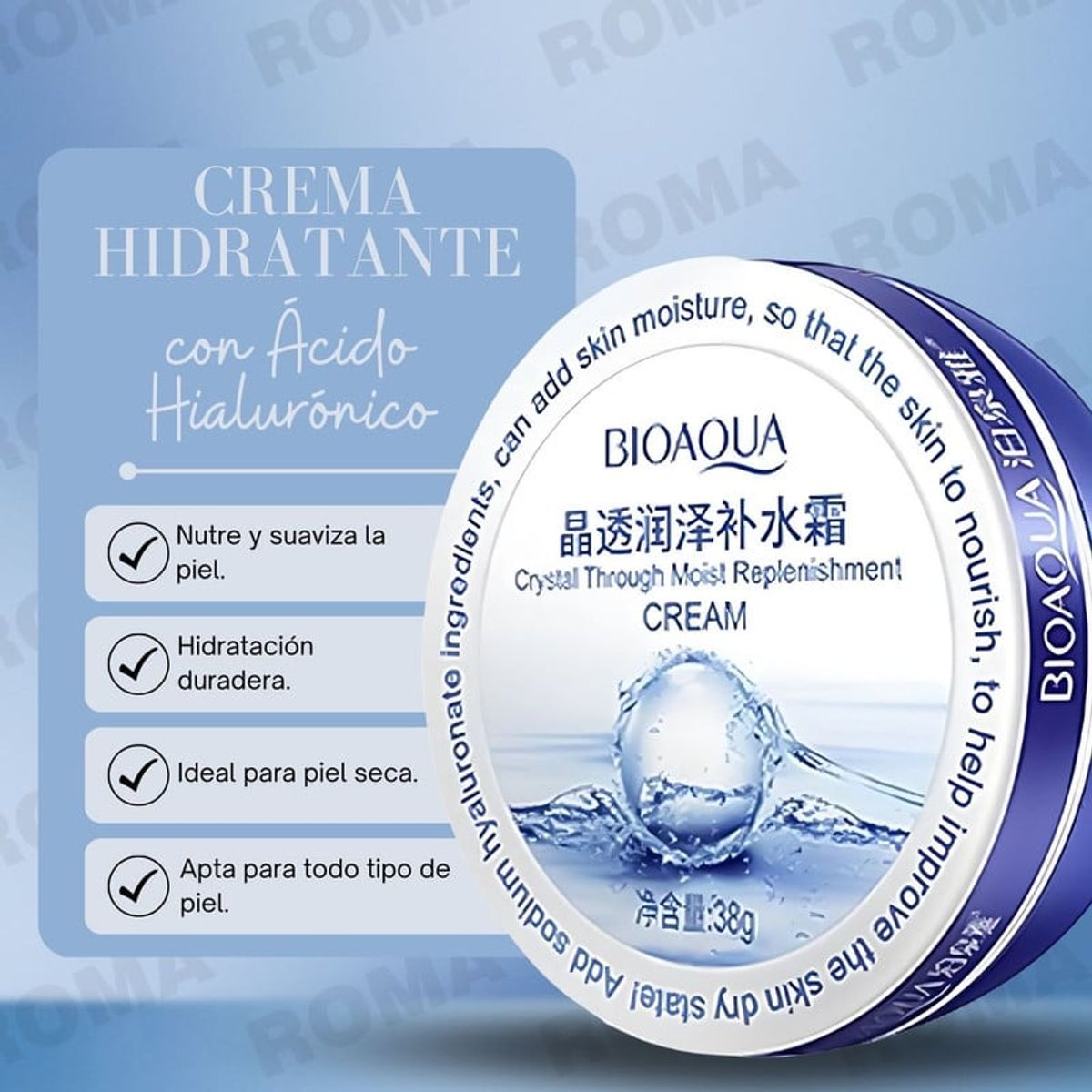 BIOAQUA - CREMA HIDRATANTE DE ACIDO HIALURÓNICO 38G