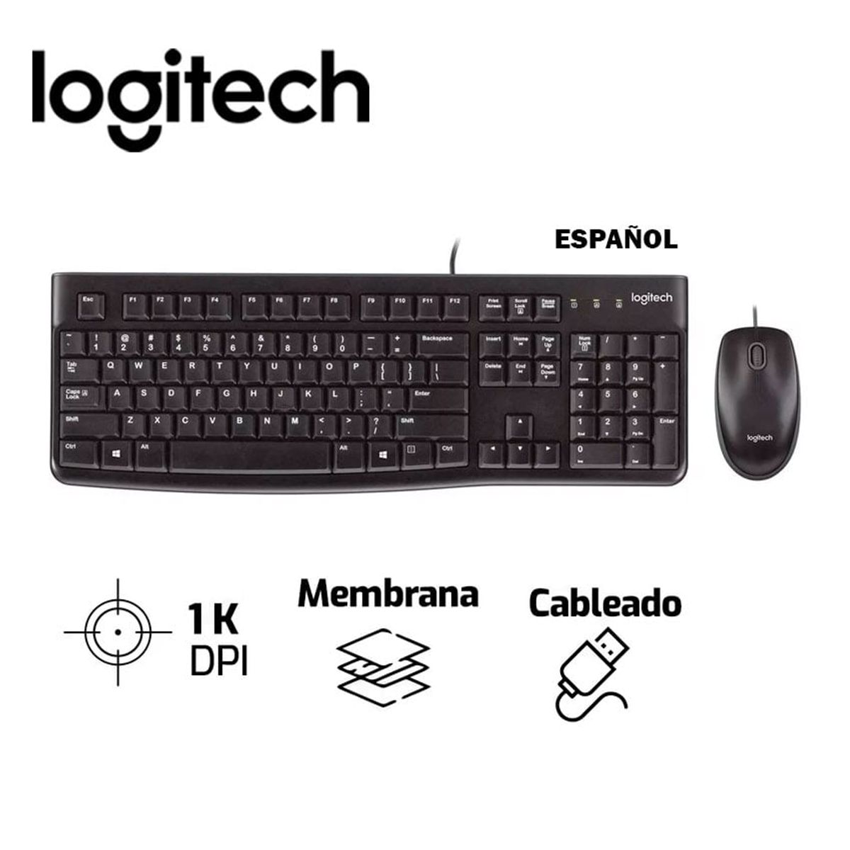 LOGITECH - Teclado y Mouse Logitech MK120 USB con Cable Diseño Ergonómico