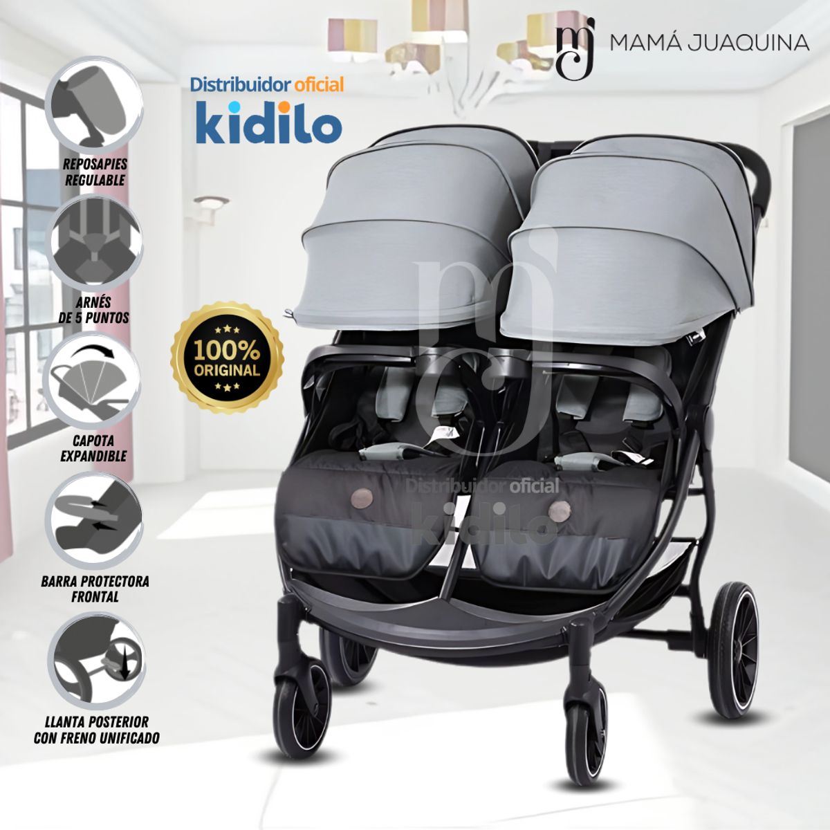 KIDS - Coche Mellicero Kidilo«TWIN STROLLER» Gray