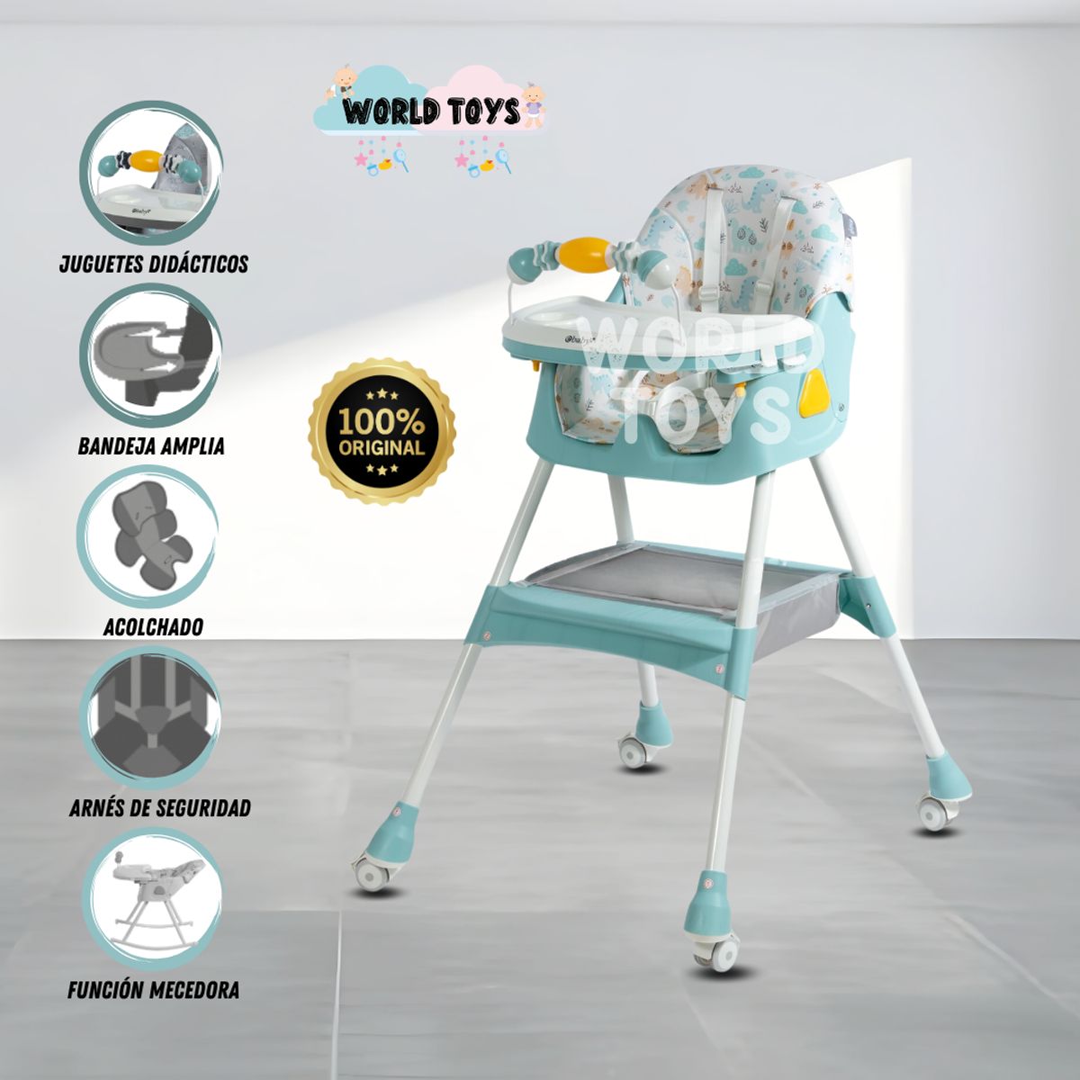 EBABY - Silla de Comer con Mecedora «DALÍ» con juguete Sky Blue