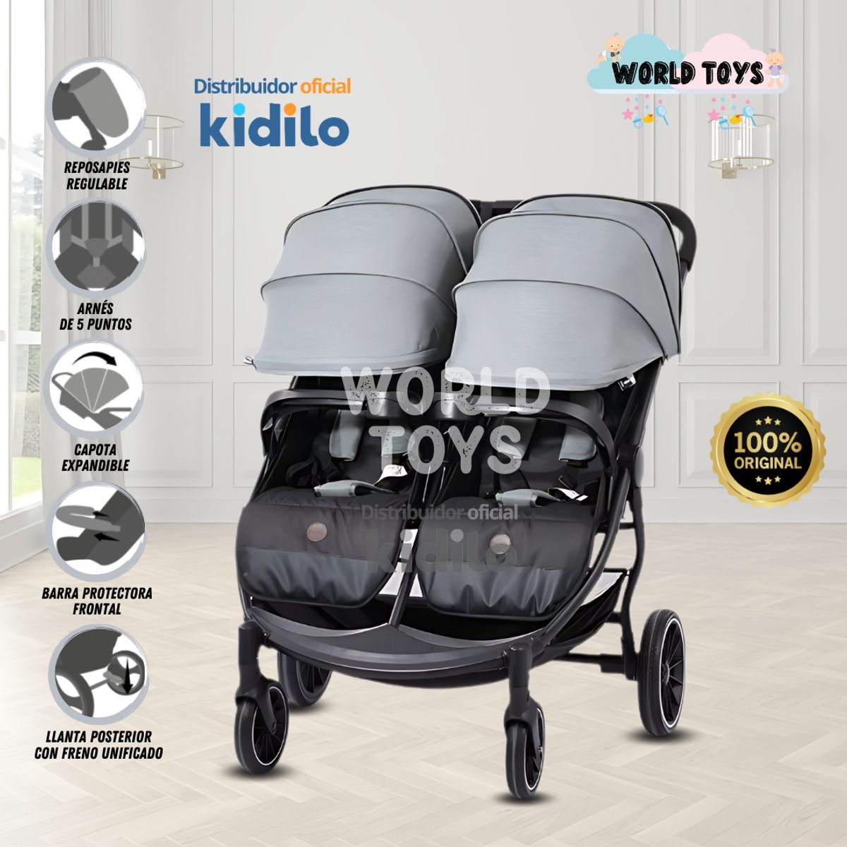 KIDS - Coche Mellicero Kidilo«TWIN STROLLER» Gray