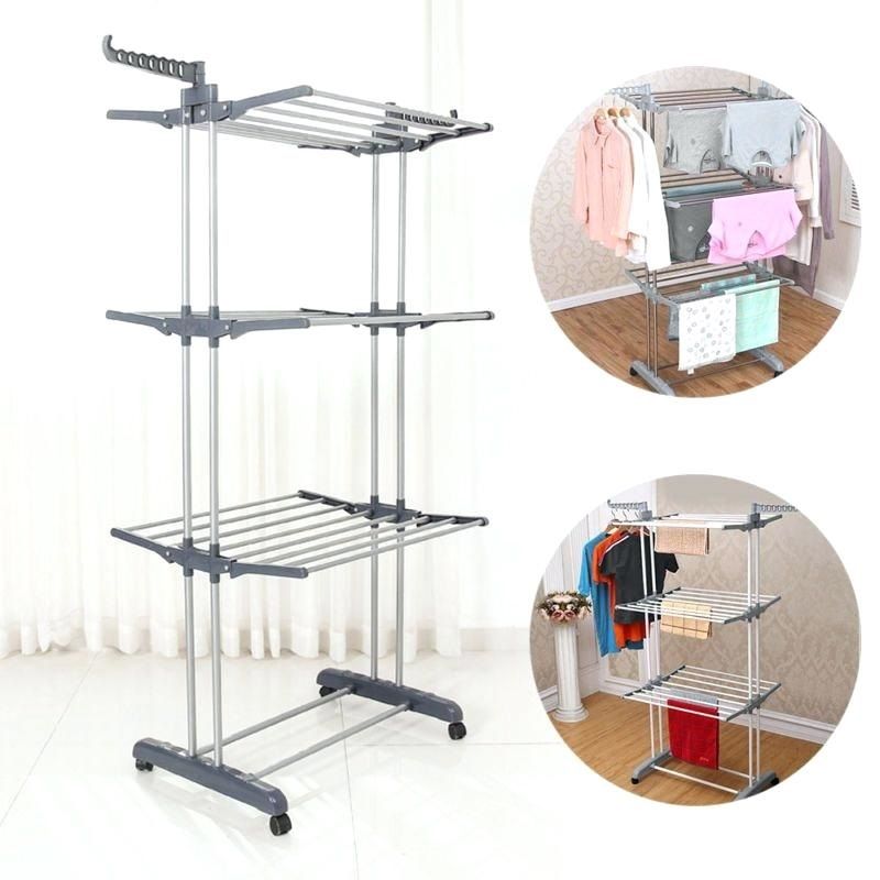 GENERICO - Tendedero de ropa plegable 3 niveles con ruedas gris