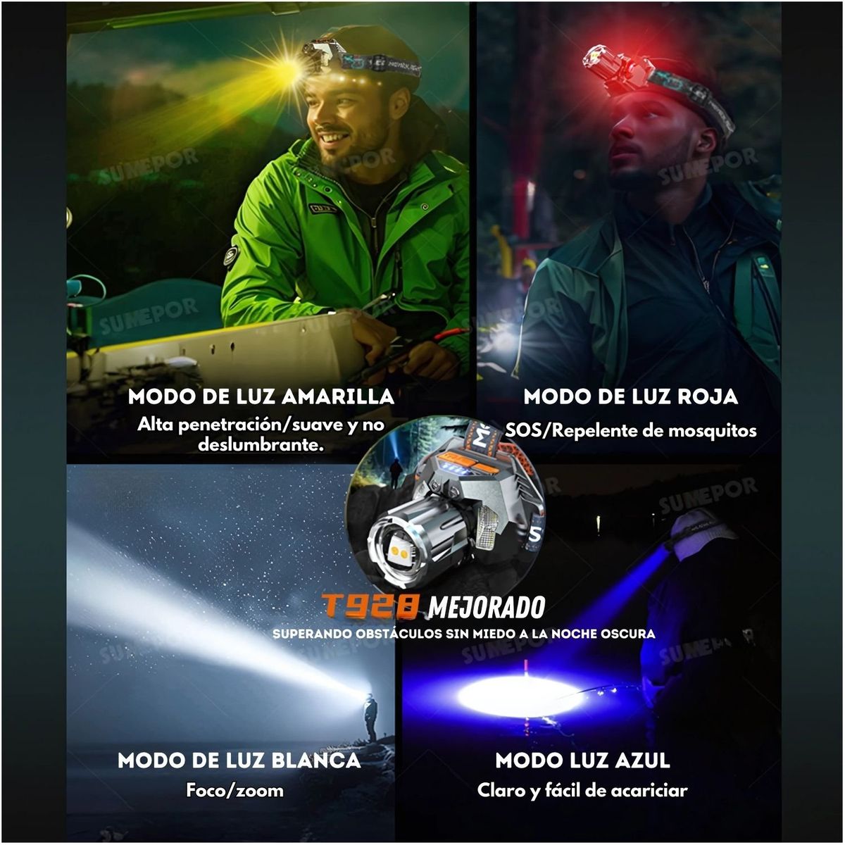 OEM - Linterna de cabeza recargable zoom luz roja azul amarilla y blanca