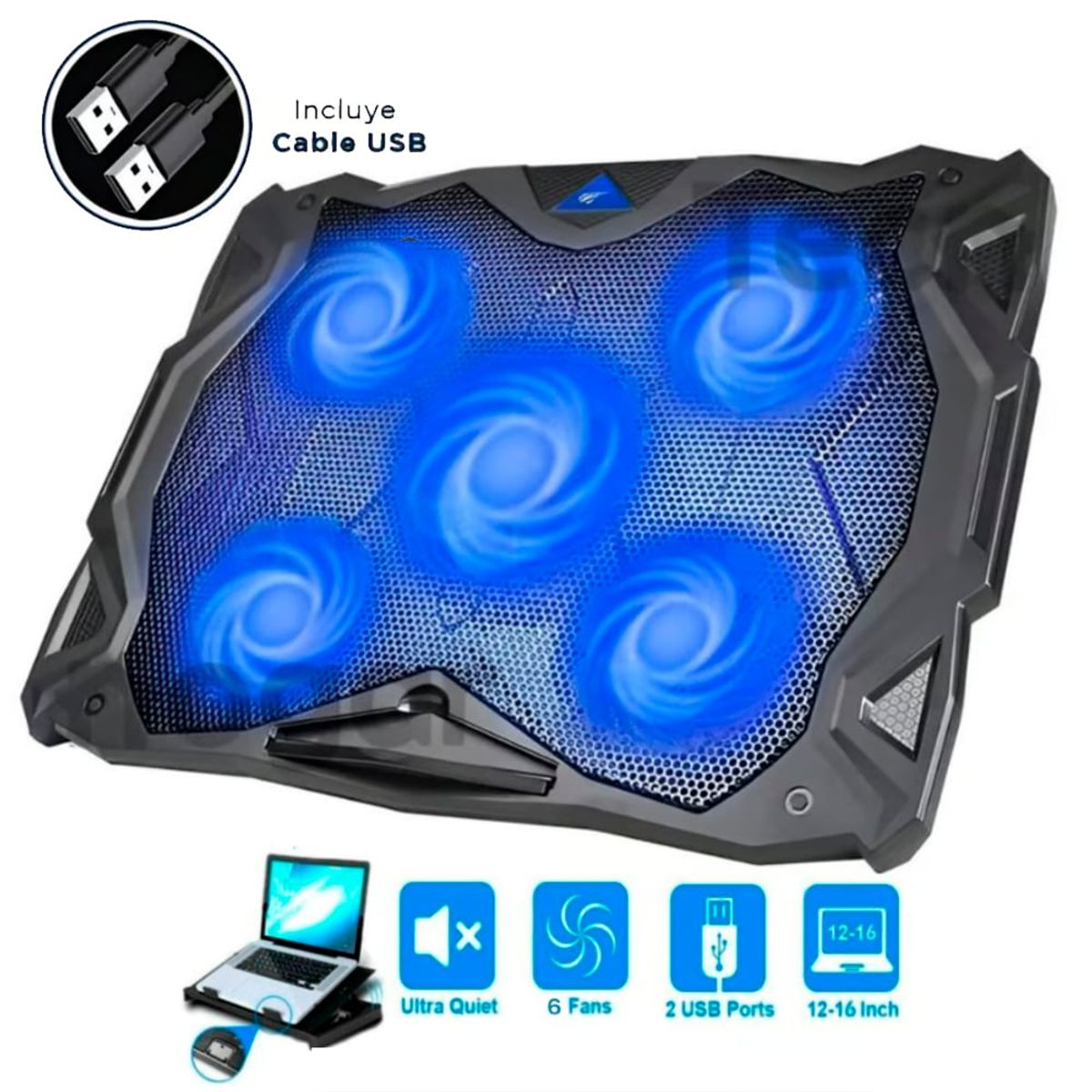 GENERICO - Cooler Para Laptop y Notebook Soporte Base con 5 Ventiladores