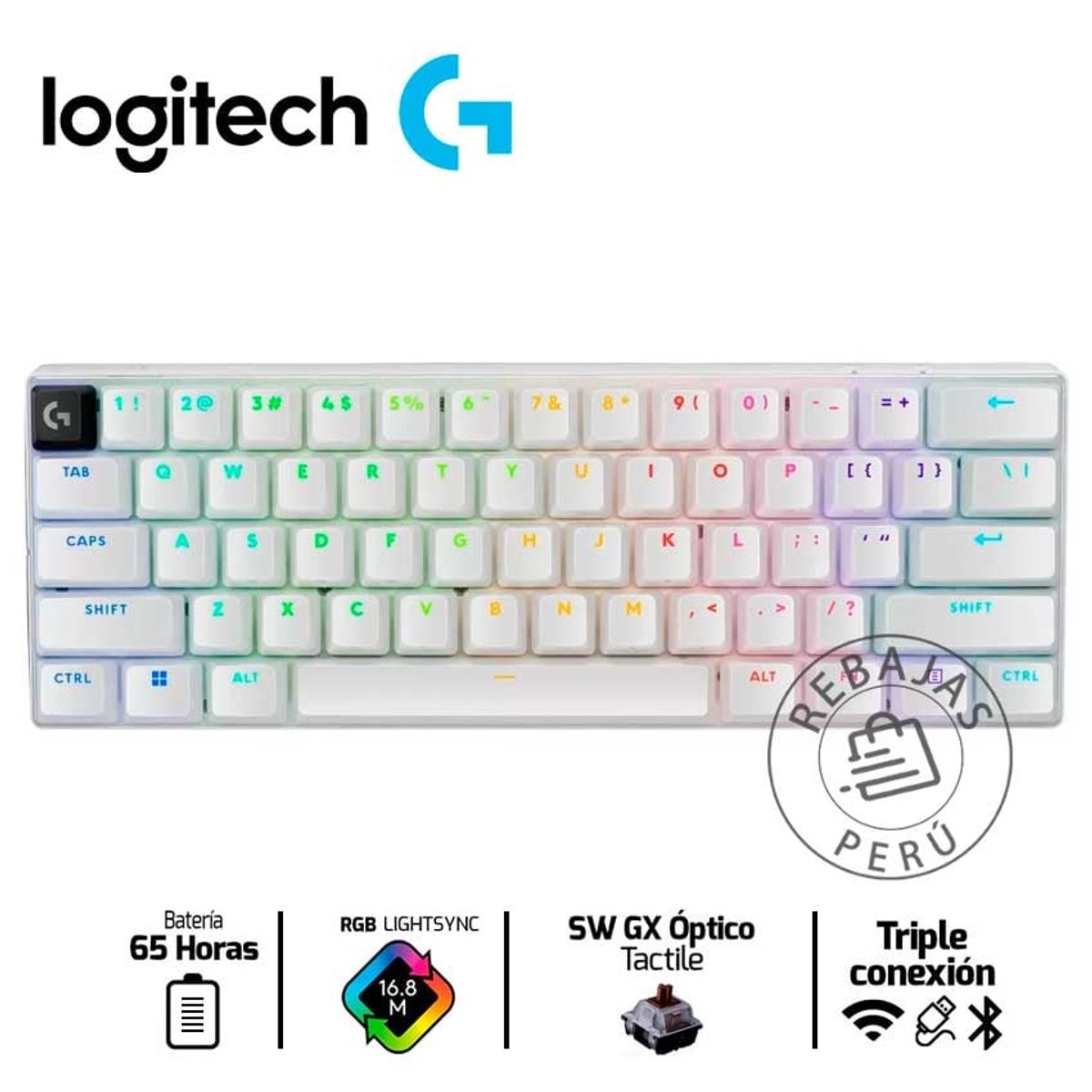 LOGITECH - Logitech PRO X 60 - Teclado Inalámbrico RGB 65 Hrs Compacto - Blanco