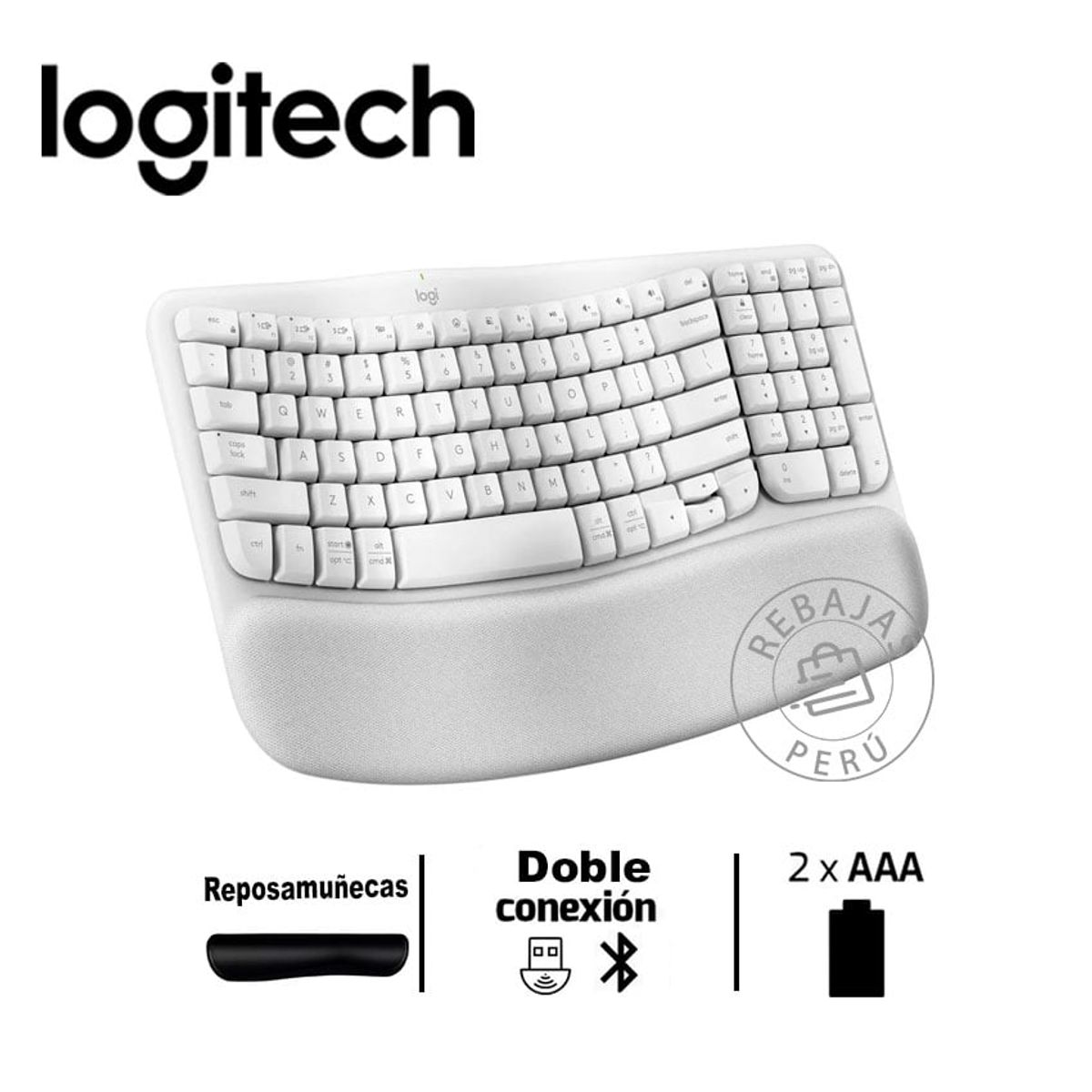 LOGITECH - Logitech Wave Keys Teclado Ergonómico Inalámbrico con Bluetooth Blanco