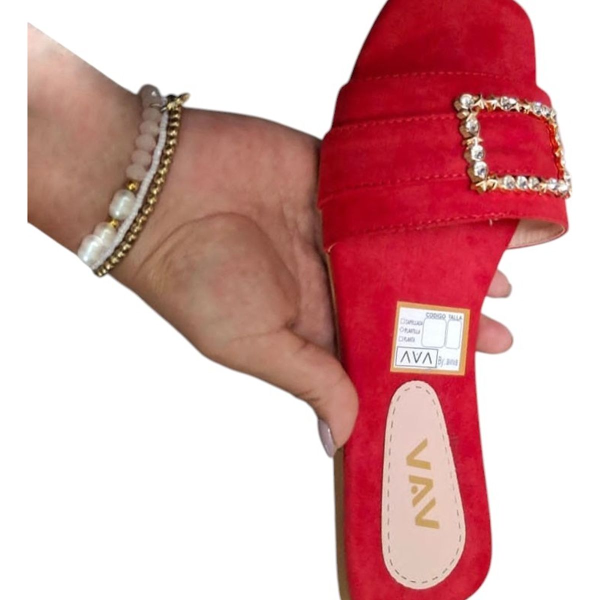 GENERICO - Sandalia Mujer Plano Broche Brillante 1177-40 Color Rojo