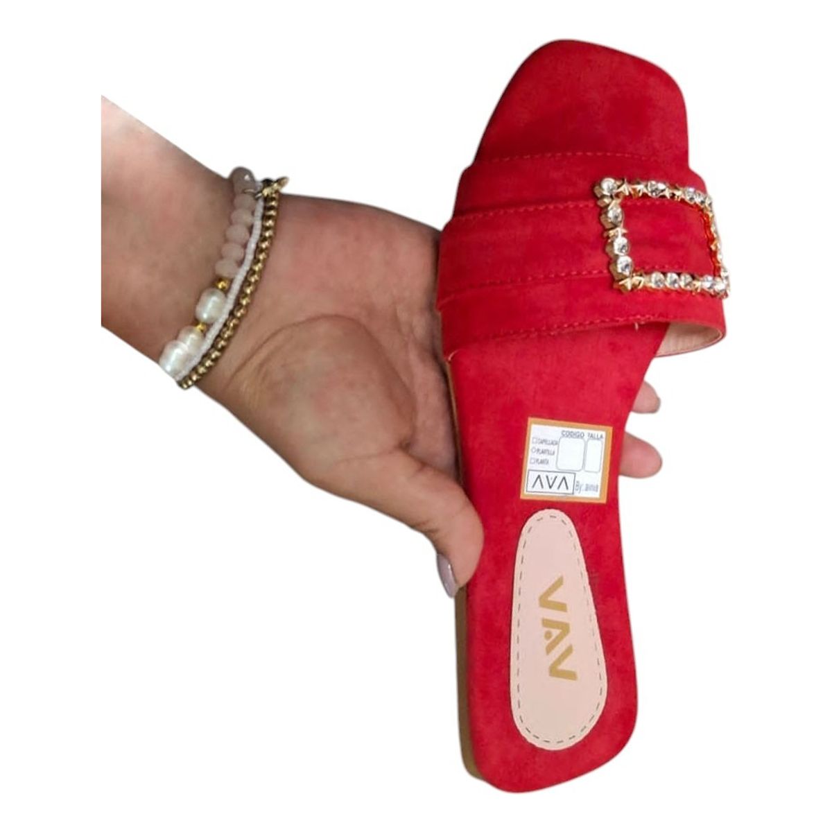 GENERICO - Sandalia Mujer Plano Broche Brillante 1177-40 Color Rojo