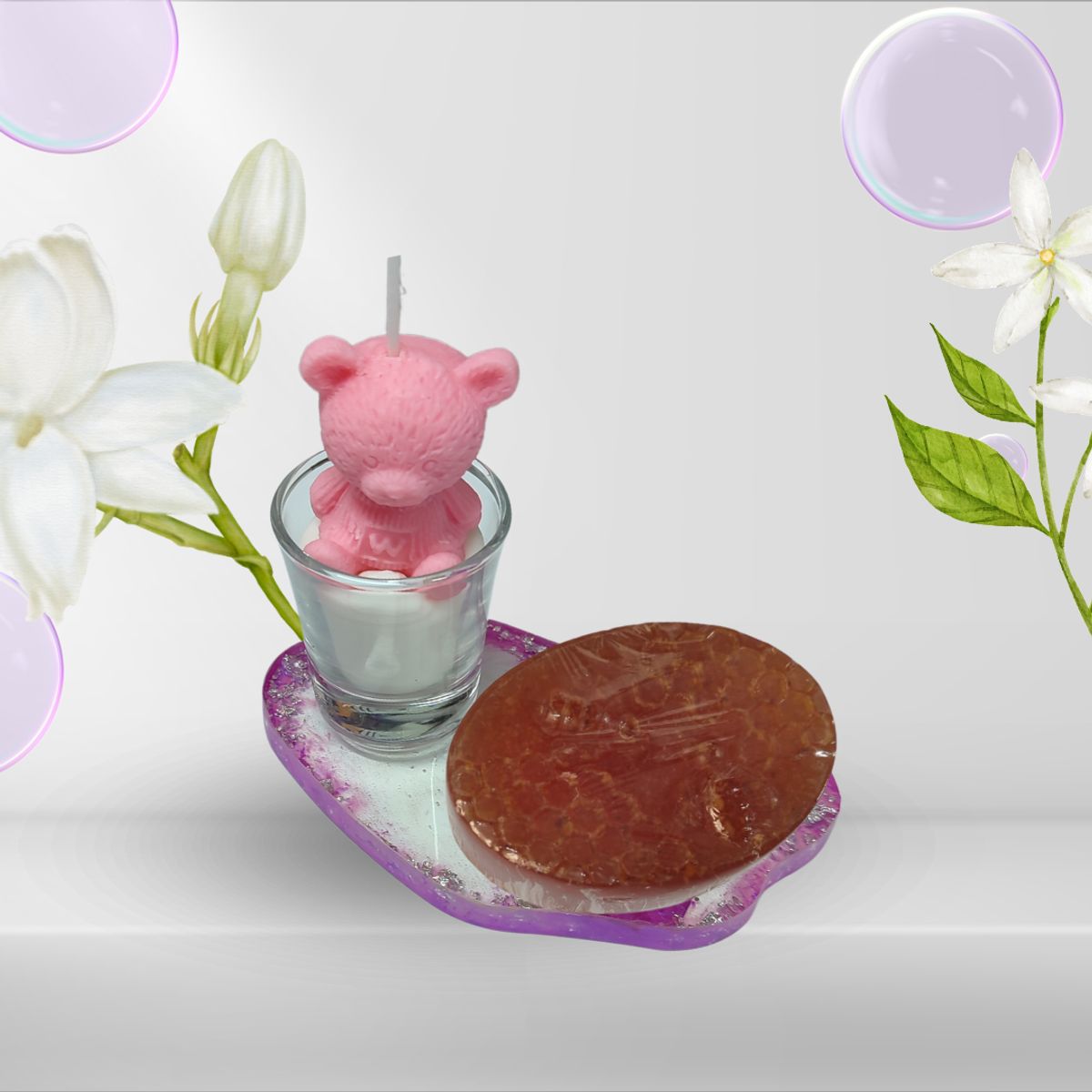 GENERICO - Vela Aromática + Bandeja Resina + Jabon artesanal Avena y miel