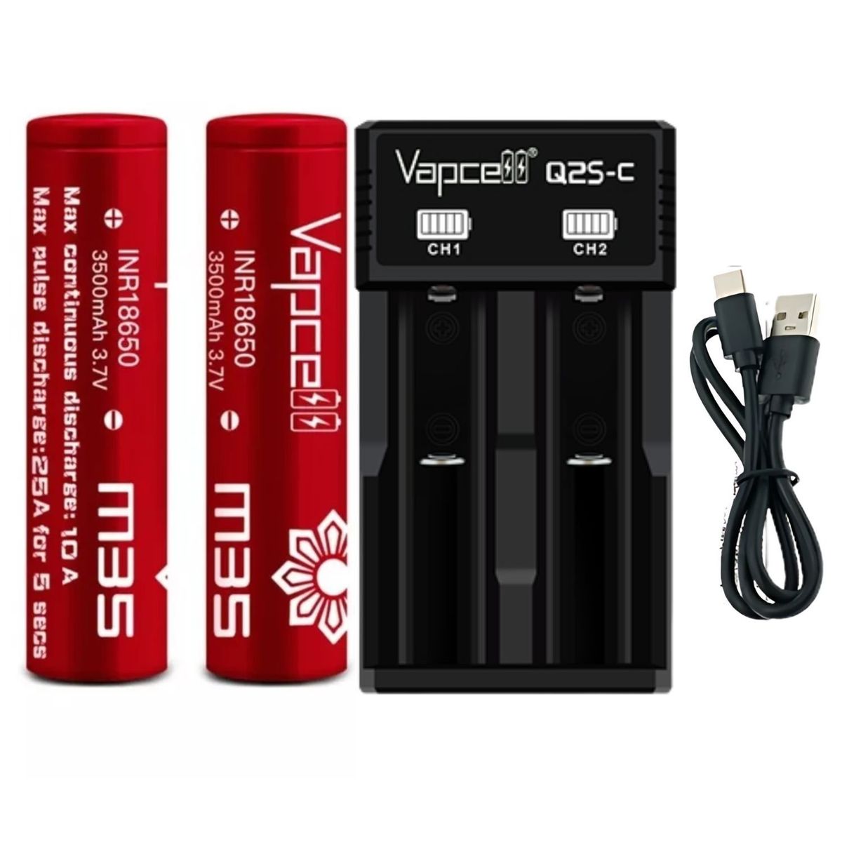 OEM - Kit Vapcell 2 Baterías 18650 M35 3500mAh + Cargador Q2S-C Tipo-C