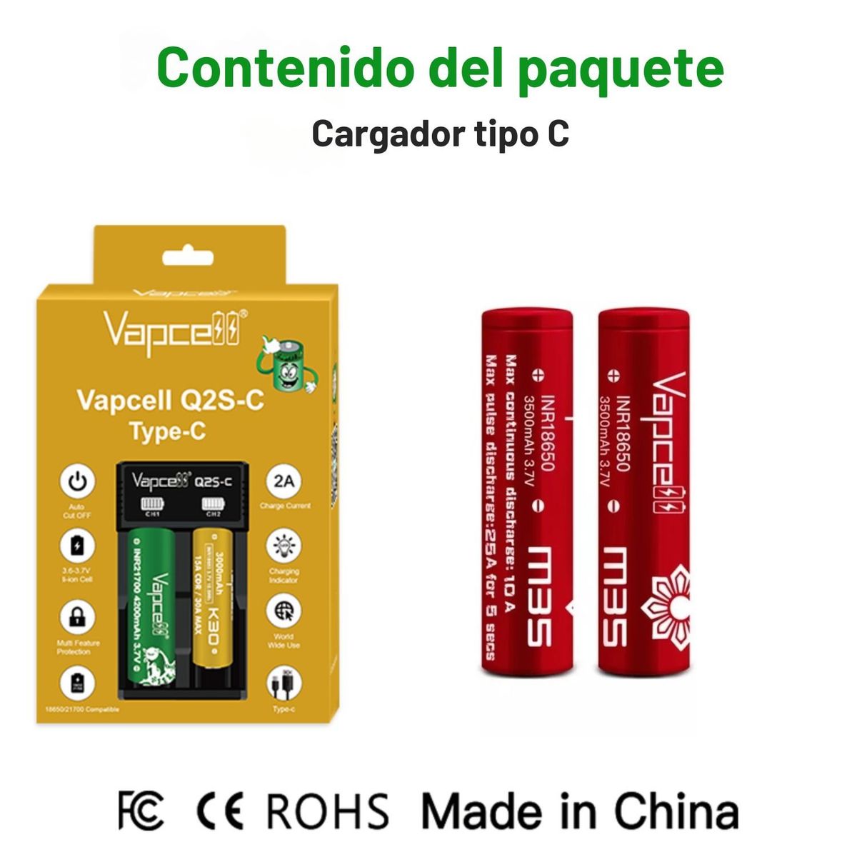 OEM - Kit Vapcell 2 Baterías 18650 M35 3500mAh + Cargador Q2S-C Tipo-C